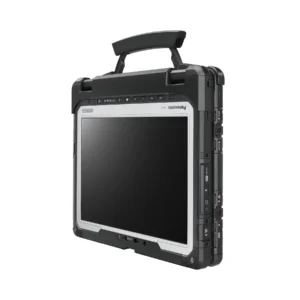 Panasonic Toughbook CF-33 MK4 rugged tablet front view folded onto keyboard with handle extended