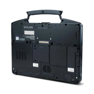 Panasonic Toughbook FZ-55 MK3 rugged laptop bottom view with lid closed and handle raised