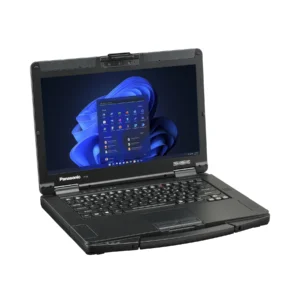Panasonic Toughbook 55 MK3 rugged laptop front-left view with lid open showing Windows 11 screen