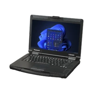 Panasonic Toughbook 55 MK3 rugged laptop front-right view with lid open showing Windows 11 screen