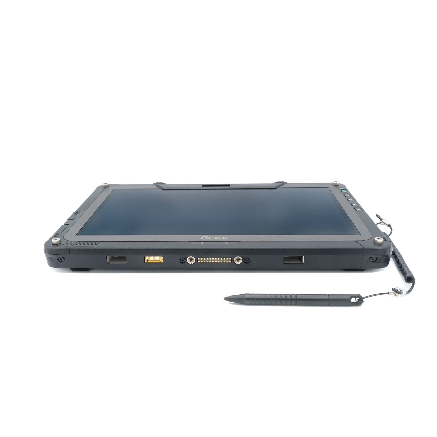 Getac F110 G6 Core i7 Rugged Tablet - Base View Getac F110 G6 rugged tablet lying flat with stylus, showing docking connector base