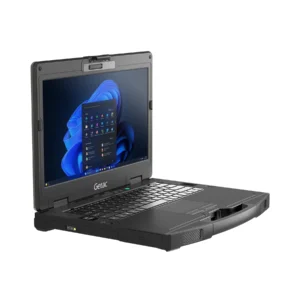 Getac S410 G5 rugged laptop left side angled view showing keyboard, display and carry handle